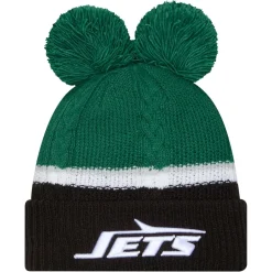 Women New York Jets Hats | Women^Women's New Era Green Double Bubble Cuffed Knit Hat With Poms