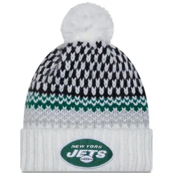 Women New York Jets Hats | Women^Women's New Era White 2023 Sideline Cuffed Knit Hat With Pom
