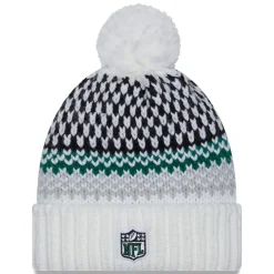 Women New York Jets Hats | Women^Women's New Era White 2023 Sideline Cuffed Knit Hat With Pom
