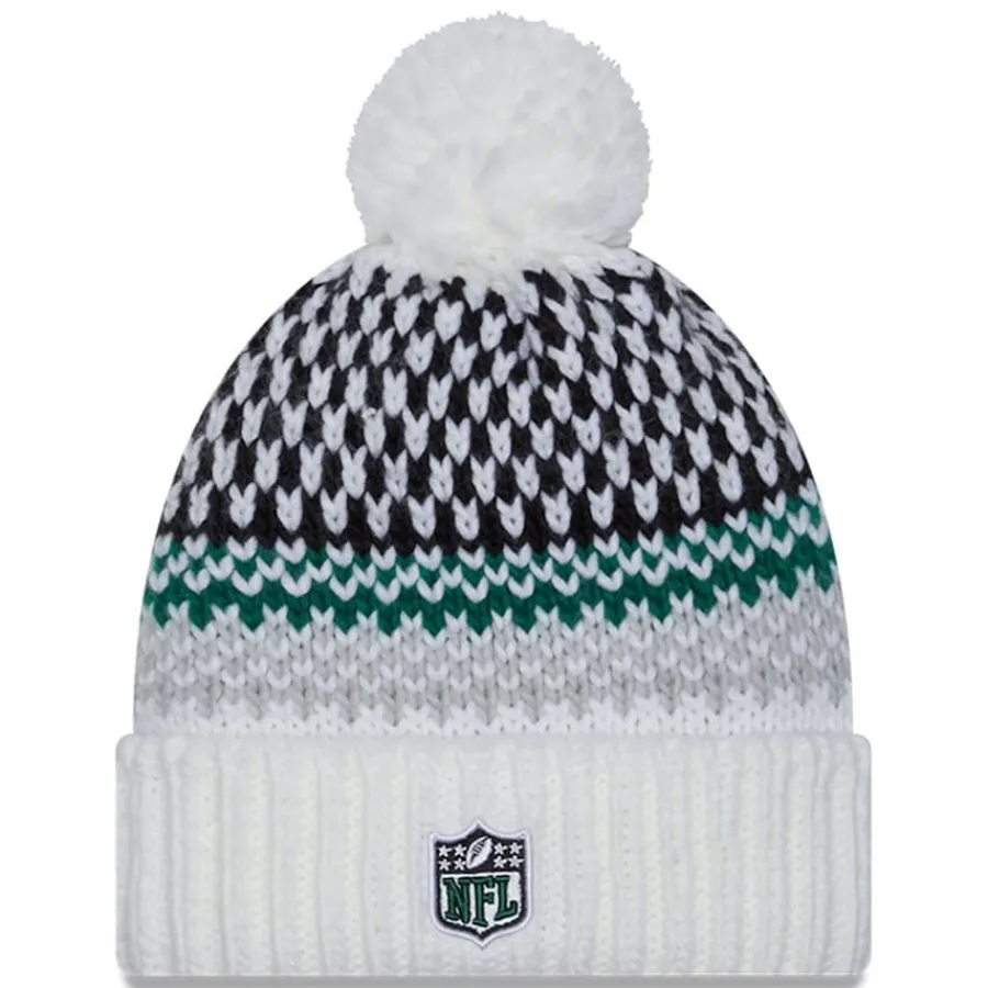 Women New York Jets Hats | Women^Women's New Era White 2023 Sideline Cuffed Knit Hat With Pom