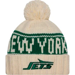 Women New York Jets Hats | Women^Women's New Era Cream 2024 Sideline Cuffed Knit Hat With Pom