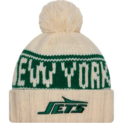 Women New York Jets Hats | Women^Women's New Era Cream 2024 Sideline Cuffed Knit Hat With Pom