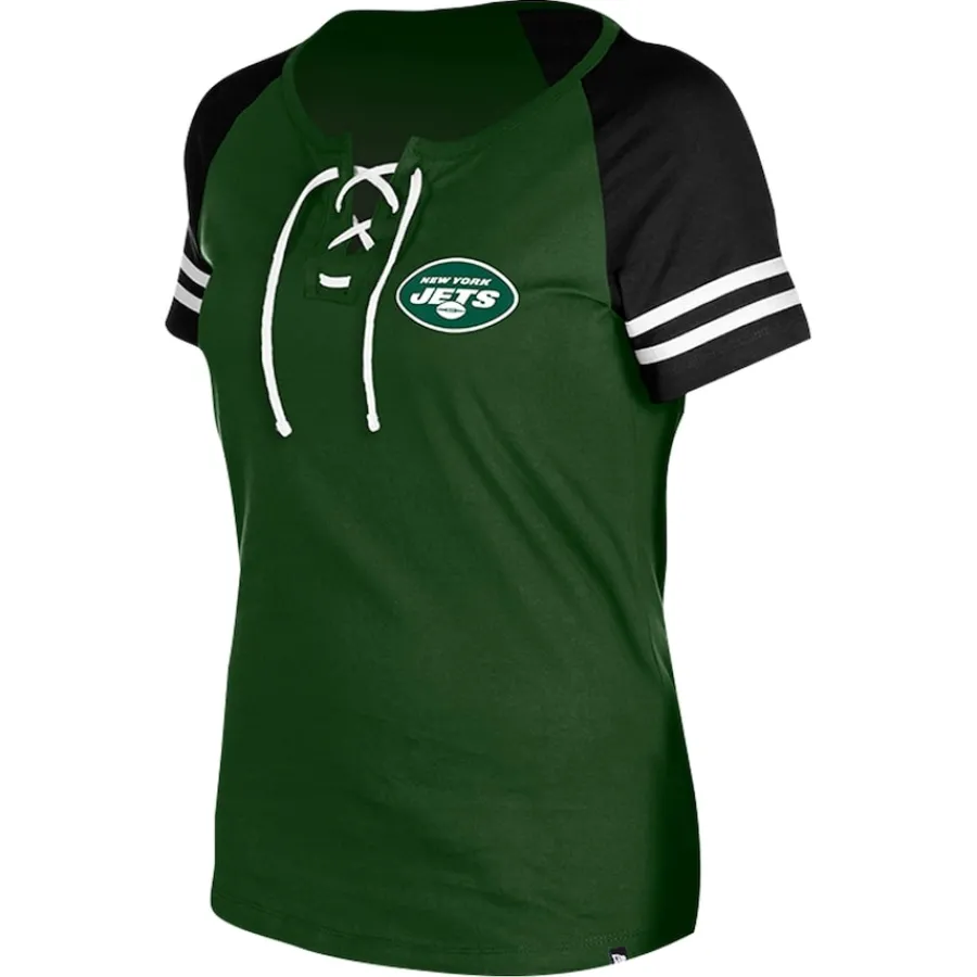 Women New York Jets T-Shirts | Women^Women's New Era Green Lace-Up Raglan T-Shirt