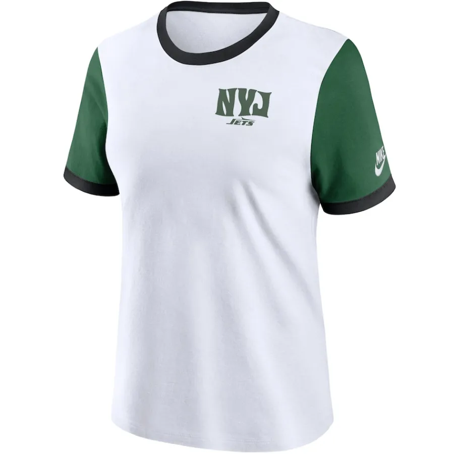 Women New York Jets T-Shirts | Women^Women's Nike White/Green Rewind Ringer T-Shirt