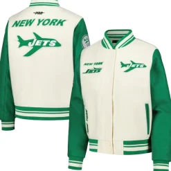 Women New York Jets Jackets^Women's Pro Standard Cream Retro Classic Vintage Full-Zip Varsity Jacket