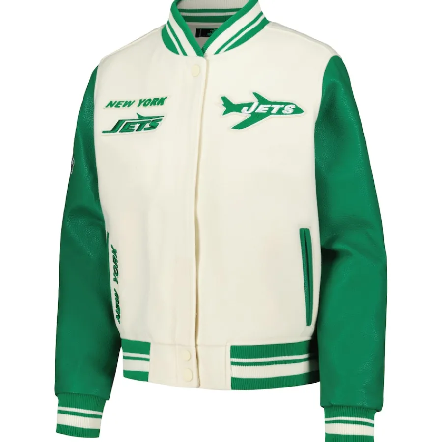 Women New York Jets Jackets^Women's Pro Standard Cream Retro Classic Vintage Full-Zip Varsity Jacket
