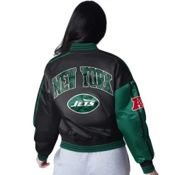Women New York Jets Jackets^Women's Starter Green/Black Zone Blitz Cropped Full-Snap Satin Jacket