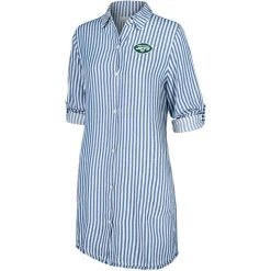 Women New York Jets Swimsuits^Women's Tommy Bahama Blue/White Chambray Stripe Cover-Up Shirt Dress