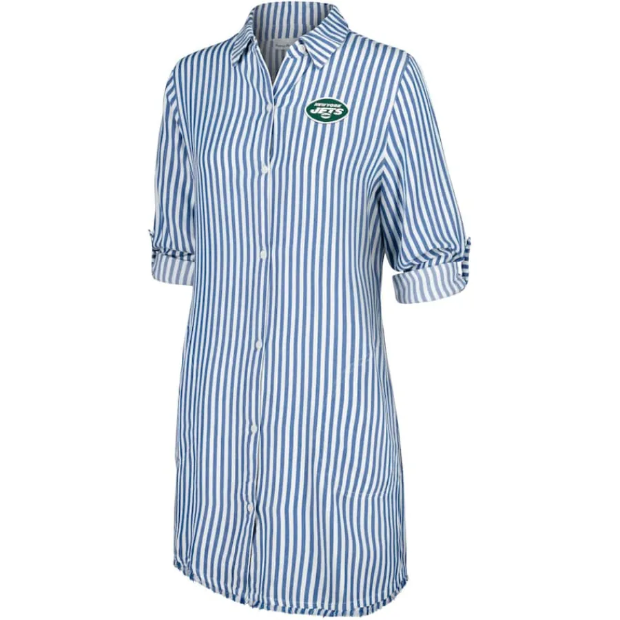 Women New York Jets Swimsuits^Women's Tommy Bahama Blue/White Chambray Stripe Cover-Up Shirt Dress