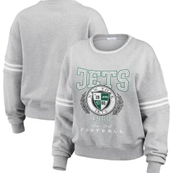 Women New York Jets Sweatshirts & Fleece | Women^Women's WEAR By Erin Andrews Heather Gray Crest Cropped Pullover Sweatshirt