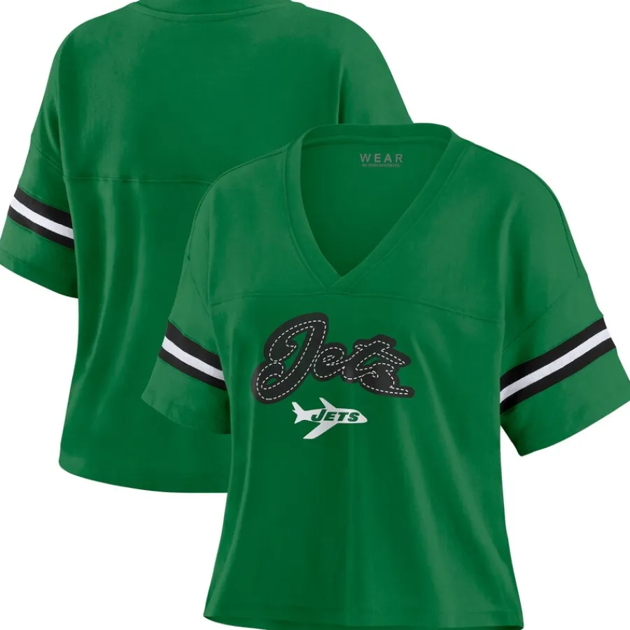 Women New York Jets T-Shirts | Women^Women's WEAR By Erin Andrews Kelly Green Color Block Boxy V-Neck T-Shirt