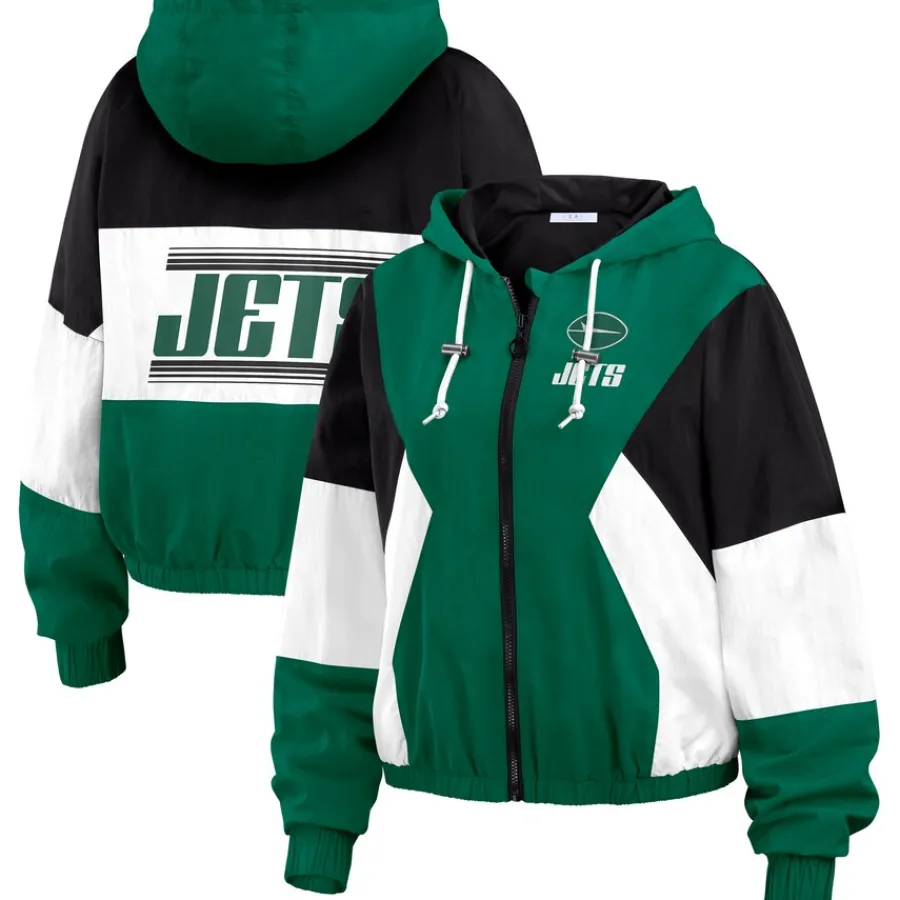 Women New York Jets Jackets^Women's WEAR By Erin Andrews Green Color Block Full-Zip Windbreaker Jacket