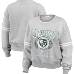 Women New York Jets Sweatshirts & Fleece | Women^Women's WEAR By Erin Andrews Heather Gray Crest Cropped Pullover Sweatshirt
