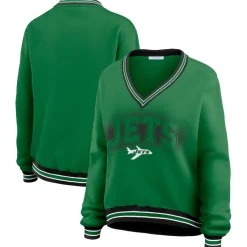 Women New York Jets Sweatshirts & Fleece | Women^Women's WEAR By Erin Andrews Green Oversized Long Sleeve V-Neck Sweatshirt