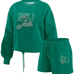 Women New York Jets Underwear & Sleepwear^Women's WEAR By Erin Andrews Green Washed Fleece Long Sleeve T-Shirt & Shorts Lounge Set