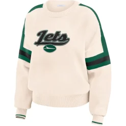 Women New York Jets Sweaters & Dress Shirts | Sweaters^Women's WEAR By Erin Andrews Cream Stripe Pullover Sweater