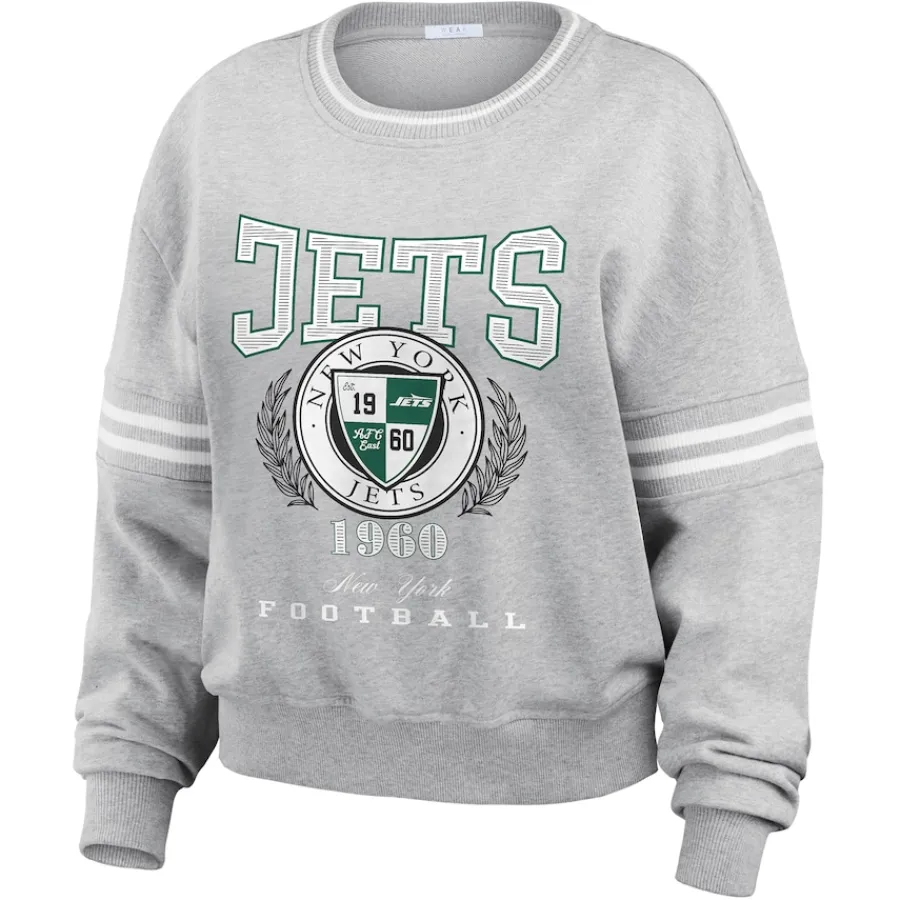 Women New York Jets Sweatshirts & Fleece | Women^Women's WEAR By Erin Andrews Heather Gray Crest Cropped Pullover Sweatshirt