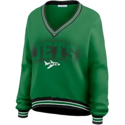 Women New York Jets Sweatshirts & Fleece | Women^Women's WEAR By Erin Andrews Green Oversized Long Sleeve V-Neck Sweatshirt