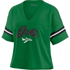 Women New York Jets T-Shirts | Women^Women's WEAR By Erin Andrews Kelly Green Color Block Boxy V-Neck T-Shirt