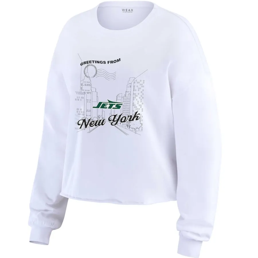 New York Jets Long Sleeved^Women's WEAR By Erin Andrews White Postcard Cropped Long Sleeve Top