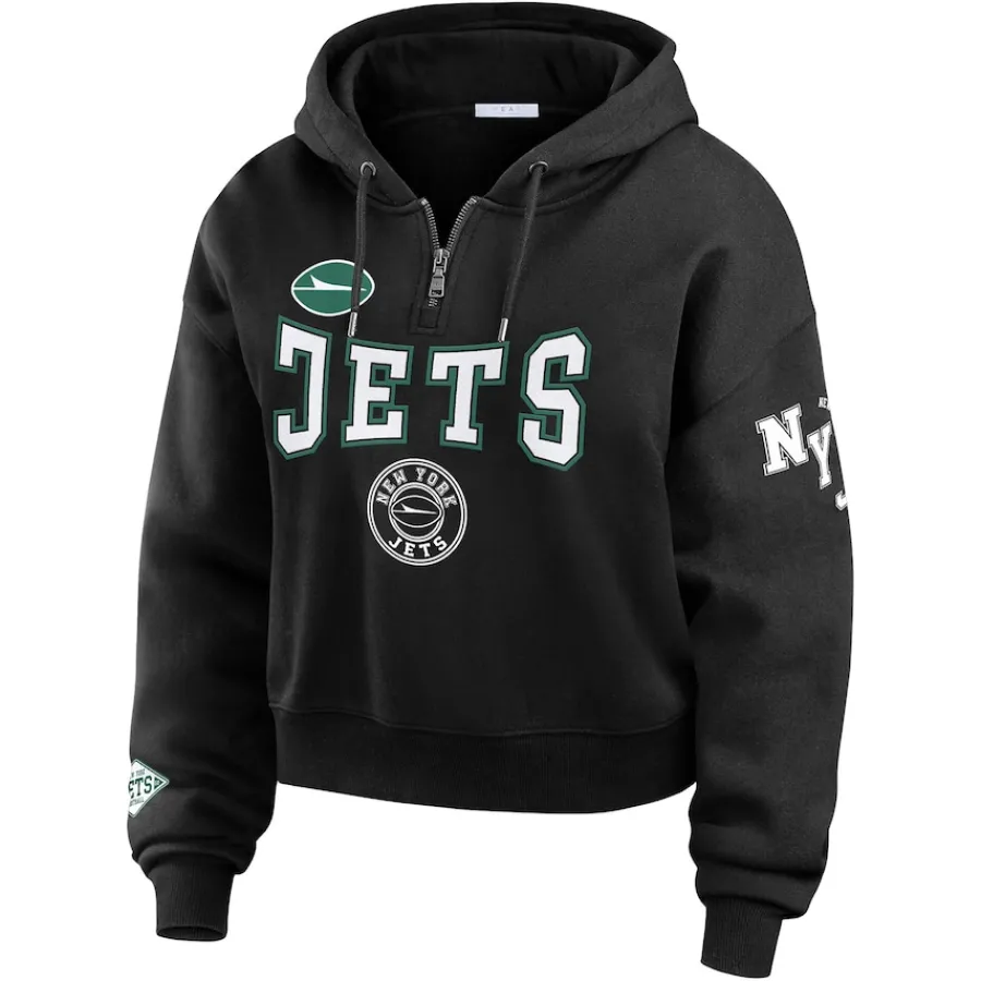 Women New York Jets Jackets^Women's WEAR By Erin Andrews Black Patch Quarter-Zip Pullover Hoodie