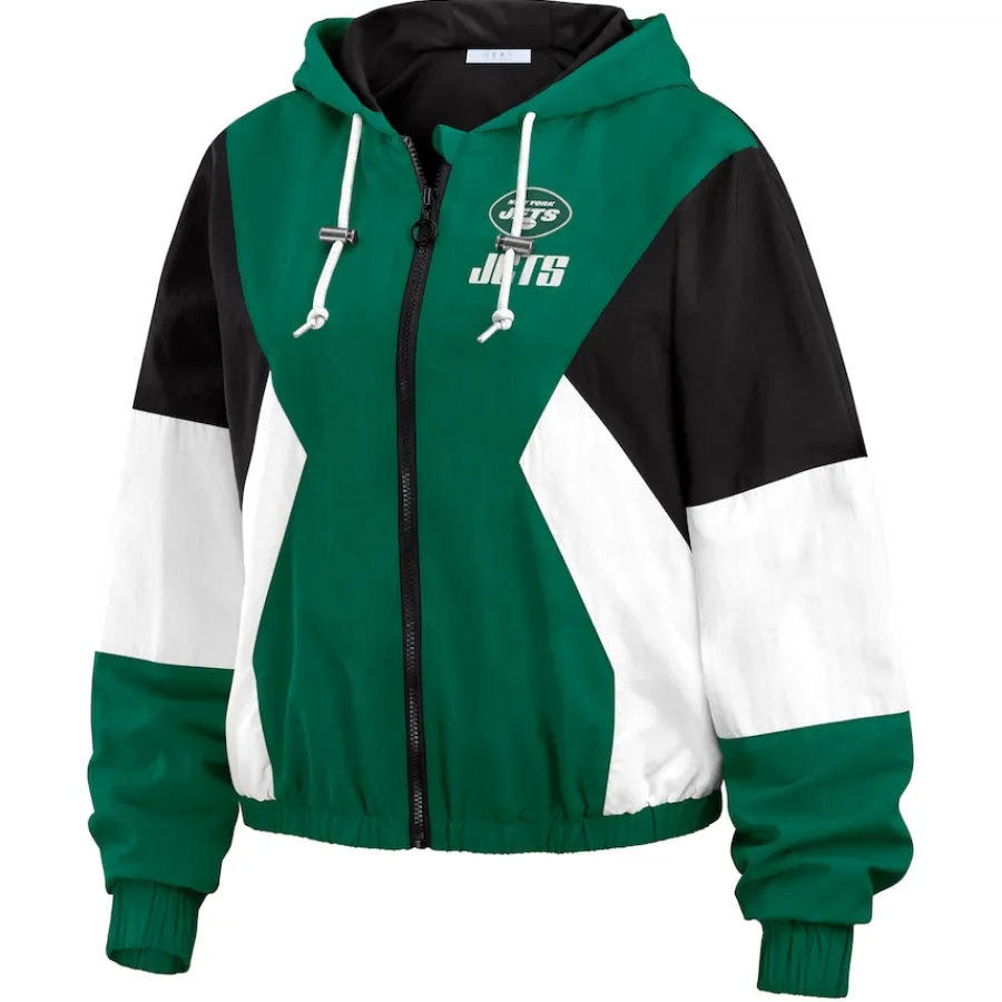 Women New York Jets Jackets^Women's WEAR By Erin Andrews Green/Black Plus Size Color Block Full-Zip Windbreaker Jacket