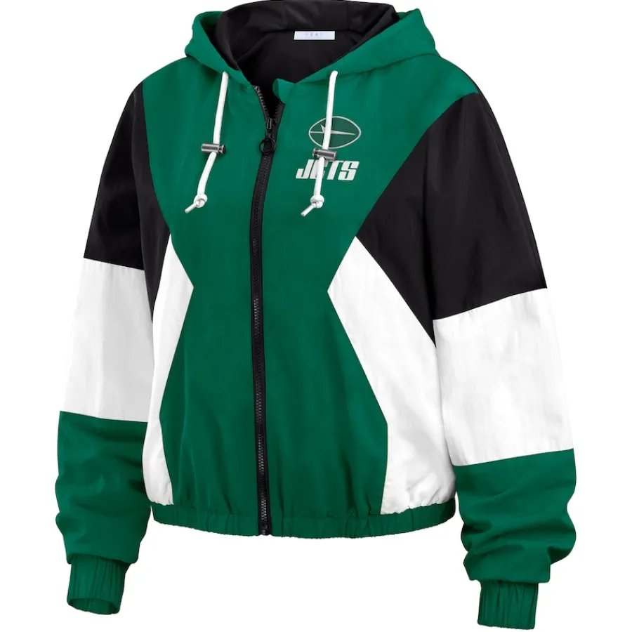 Women New York Jets Jackets^Women's WEAR By Erin Andrews Green Color Block Full-Zip Windbreaker Jacket