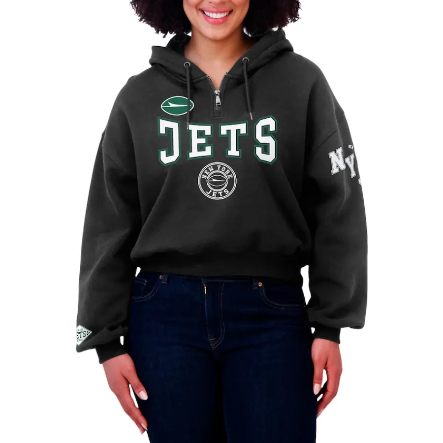 Women New York Jets Jackets^Women's WEAR By Erin Andrews Black Patch Quarter-Zip Pullover Hoodie