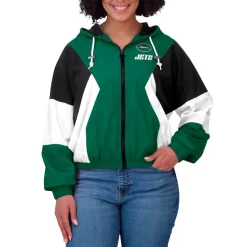 Women New York Jets Jackets^Women's WEAR By Erin Andrews Green Color Block Full-Zip Windbreaker Jacket