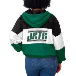 Women New York Jets Jackets^Women's WEAR By Erin Andrews Green/Black Plus Size Color Block Full-Zip Windbreaker Jacket