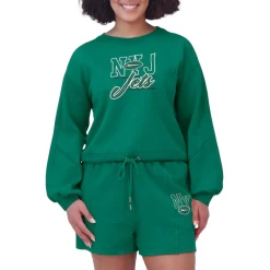 Women New York Jets Underwear & Sleepwear^Women's WEAR By Erin Andrews Green Washed Fleece Long Sleeve T-Shirt & Shorts Lounge Set