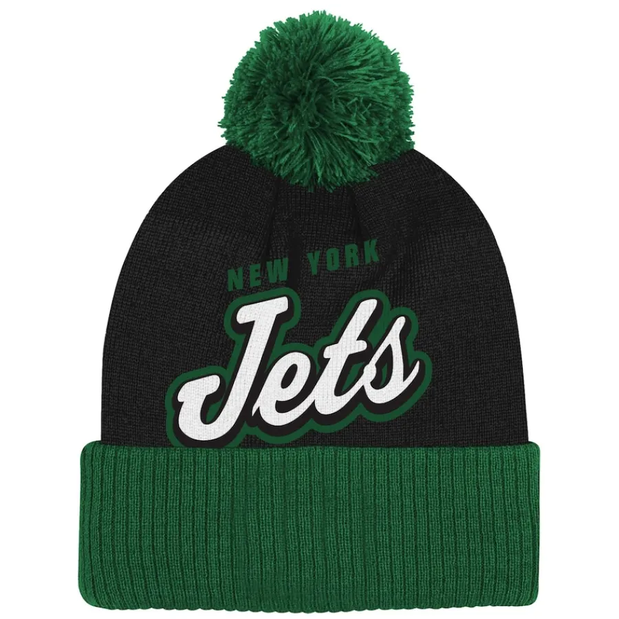Kids New York Jets Hats | Kids^Youth Black Pro-Sport Jacquard Cuffed Knit Hat With Pom