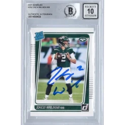 New York Jets Trading Cards^Zach Wilson Autographed 2021 Panini Donruss #252 BAS Authenticated 10 Rookie Card
