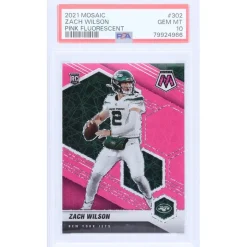 New York Jets Trading Cards^Zach Wilson 2021 Panini Mosaic Pink Fluorescent #302 #3/10 PSA Authenticated 10 Rookie Card