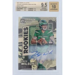 New York Jets Trading Cards^Zach Wilson Autographed 2021 Panini Donruss Optic Gold Vinyl Prizm #RGK-2 #1/1 BGS Authenticated 9.5/10 Rookie Card - 9.5,9.5,9.5,9.5 Subgrades