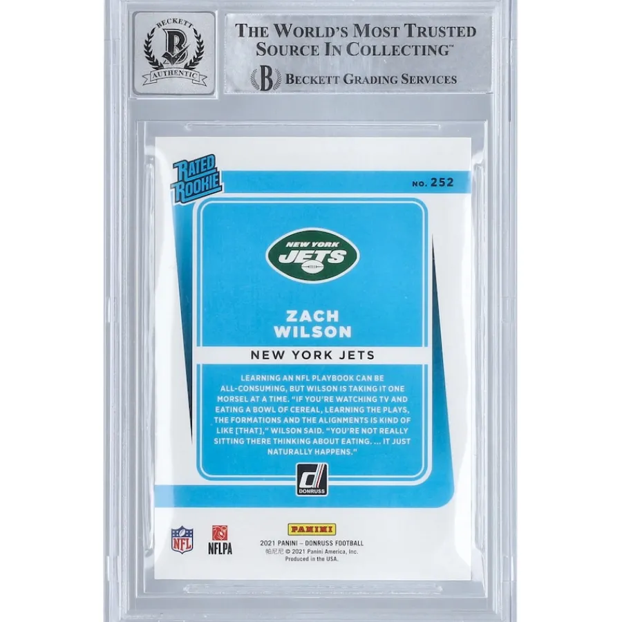 New York Jets Trading Cards^Zach Wilson Autographed 2021 Panini Donruss #252 BAS Authenticated 10 Rookie Card