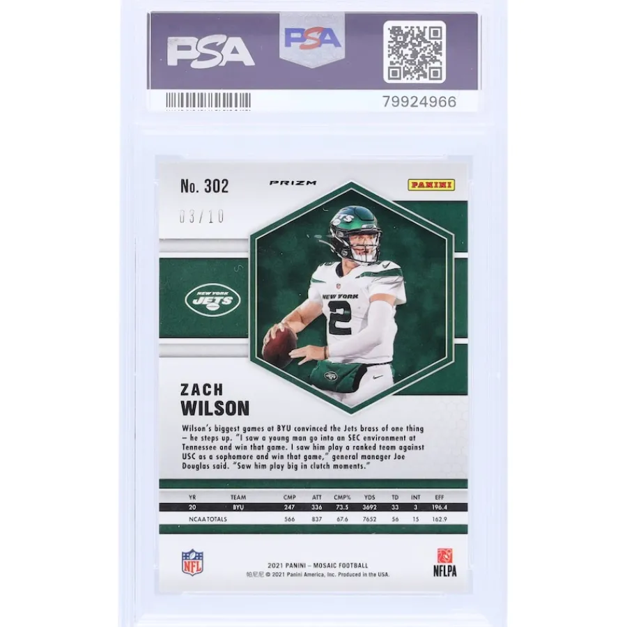 New York Jets Trading Cards^Zach Wilson 2021 Panini Mosaic Pink Fluorescent #302 #3/10 PSA Authenticated 10 Rookie Card
